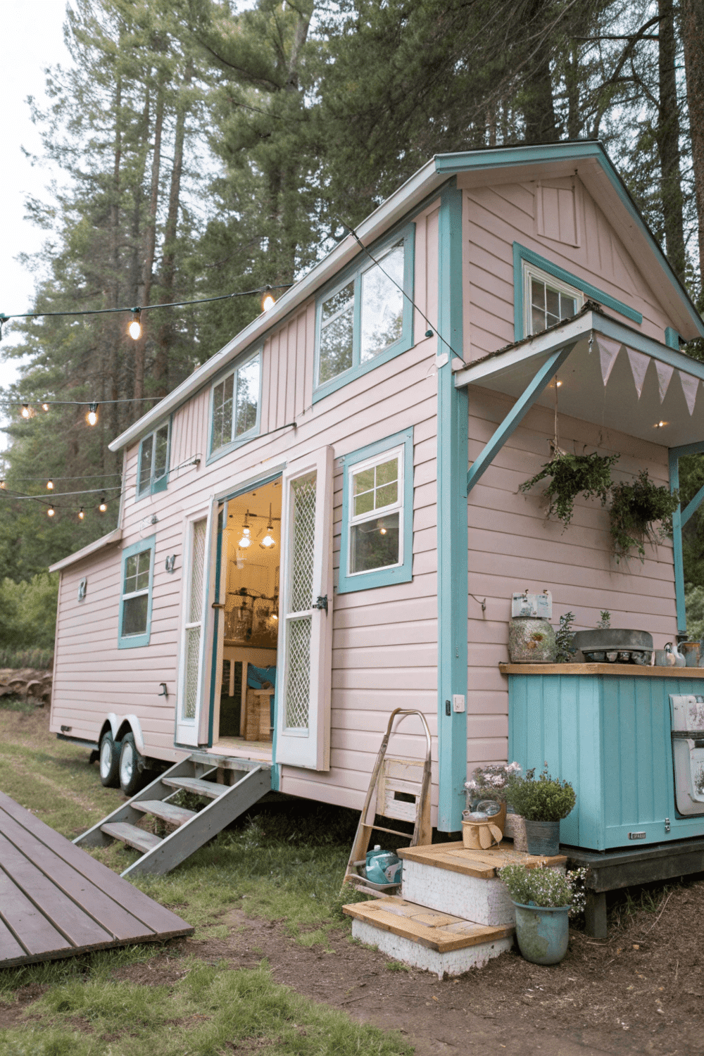 Pastel colored tiny house with wheels