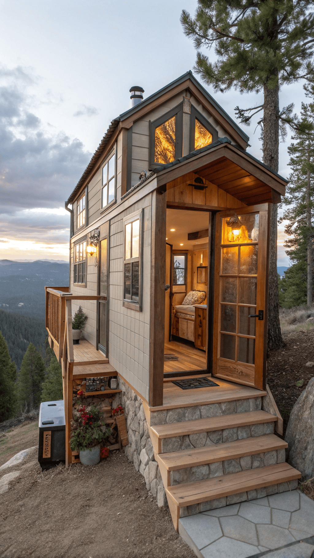 tiny house with a side living room/kitchen entry and master king loft