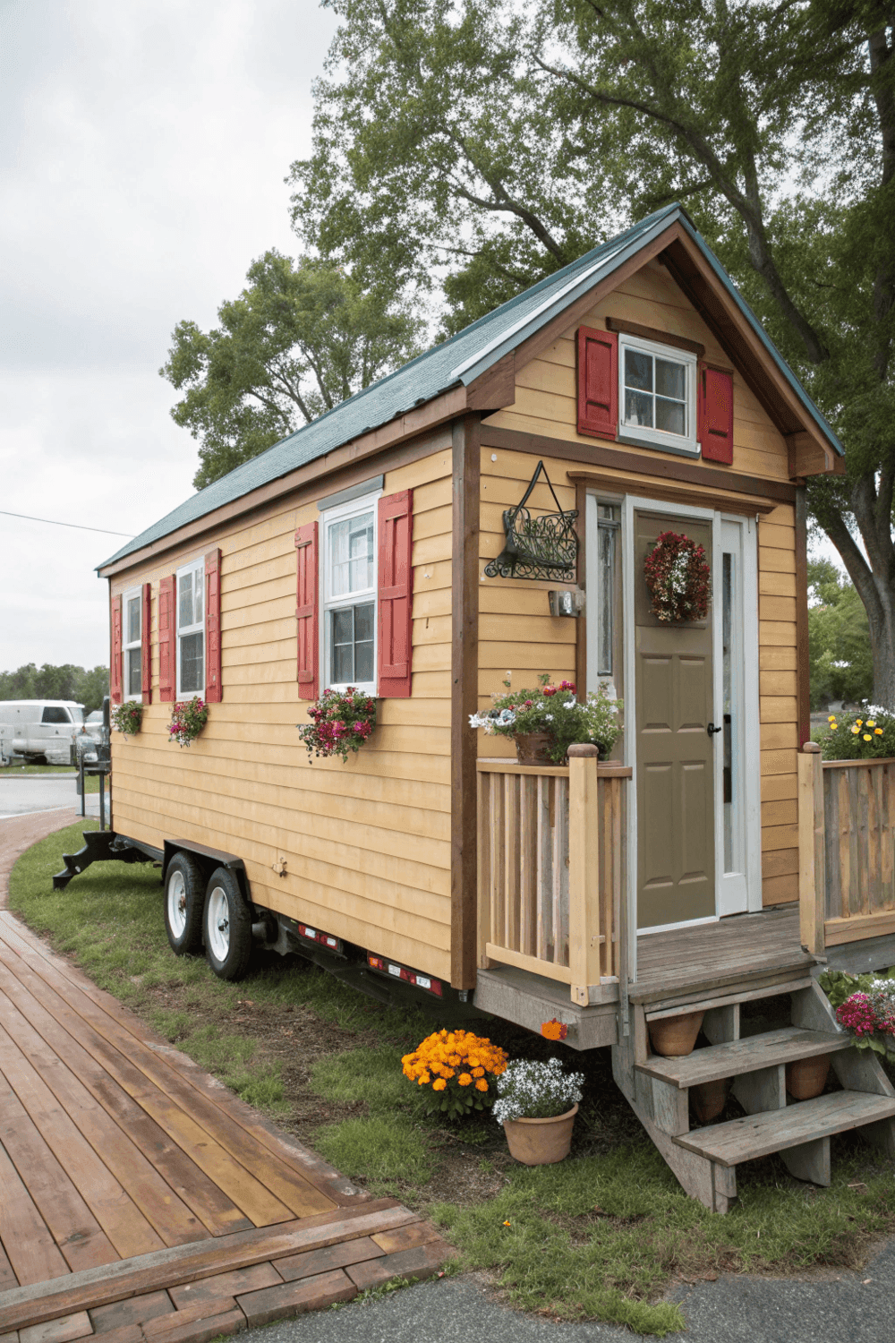 0909407ceee748da8d08a511fde137e7 A photo of a small mobile wooden cabin like structure in a semi outdoor setting The cabin is painted in a light brown hue with a green roof and red framed windows There are flower arrangements including potted plants with a variety of flowers including shades of pink red and orange adorning the exterior The structure is on a trailer and is situated on a wooden decking area with a grassy area nearby The background shows a mix of natural and man made elements