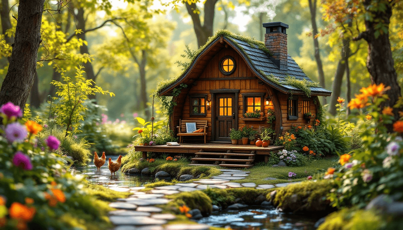 A serene off grid tiny house surrounded by nature.