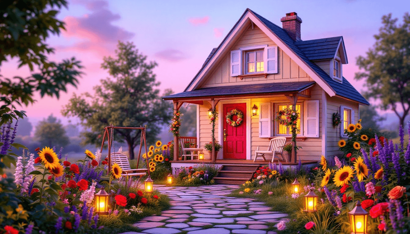 A charming quaint cottage with a front porch surrounded by greenery.
