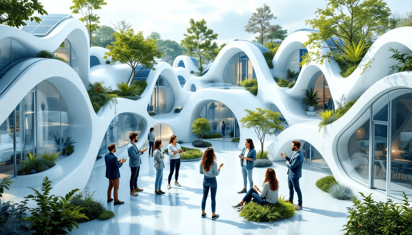 A group of young professionals discussing sustainable futures and tiny living.