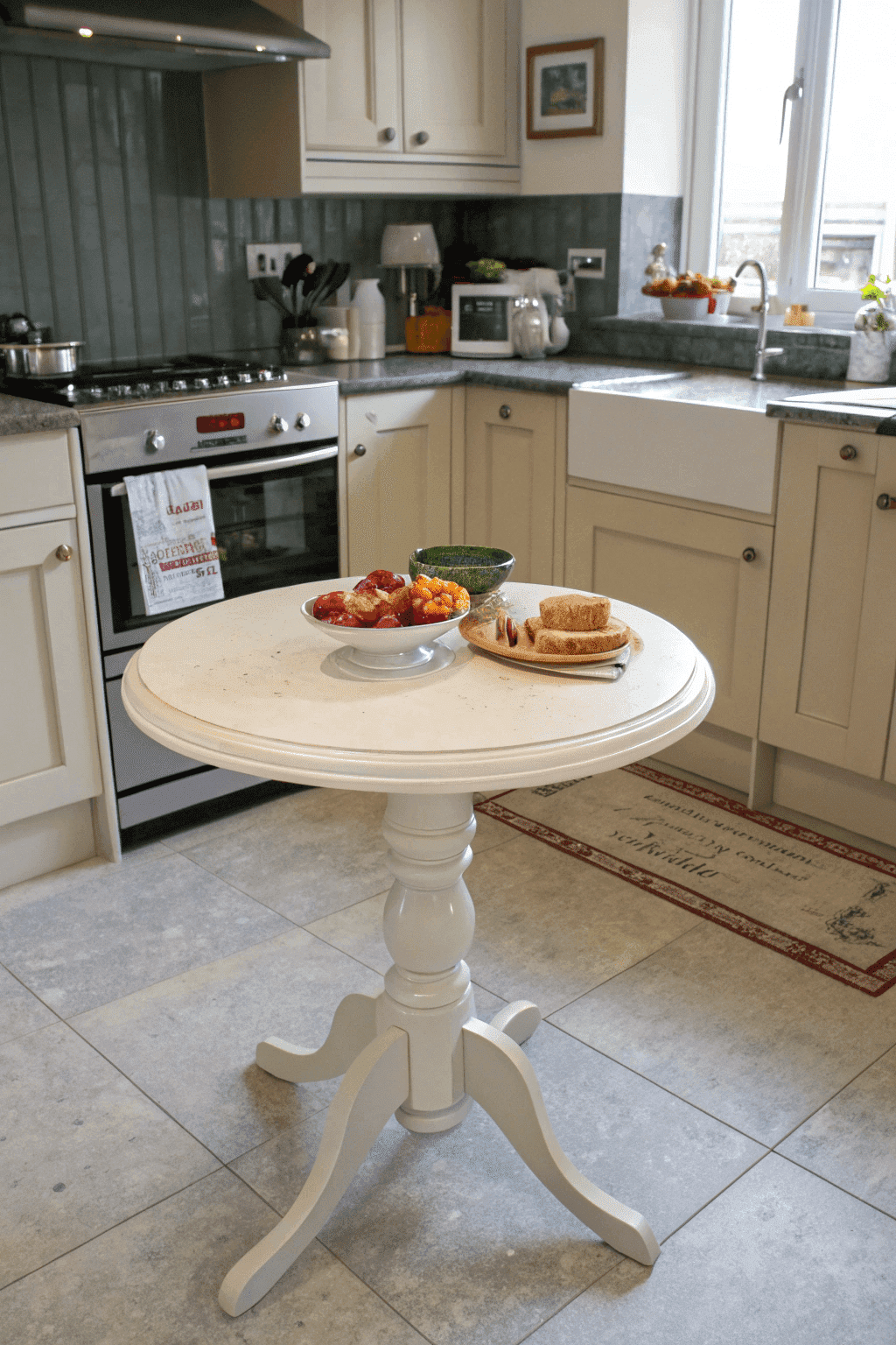 1d03d7ca722d4d0e8c42b492efe7d6c2 A photograph of a well lit kitchen with a white round pedestal dining table as the focal point The table is in the foreground with various foods including a bowl of fresh fruits and a plate of sandwiches The kitchen appliances and cabinets are neatly arranged The cabinets are a light neutral color and are fitted with handles The floor is tiled and there is a mat with a design and text on the floor The overall style is a standard kitchen photo
