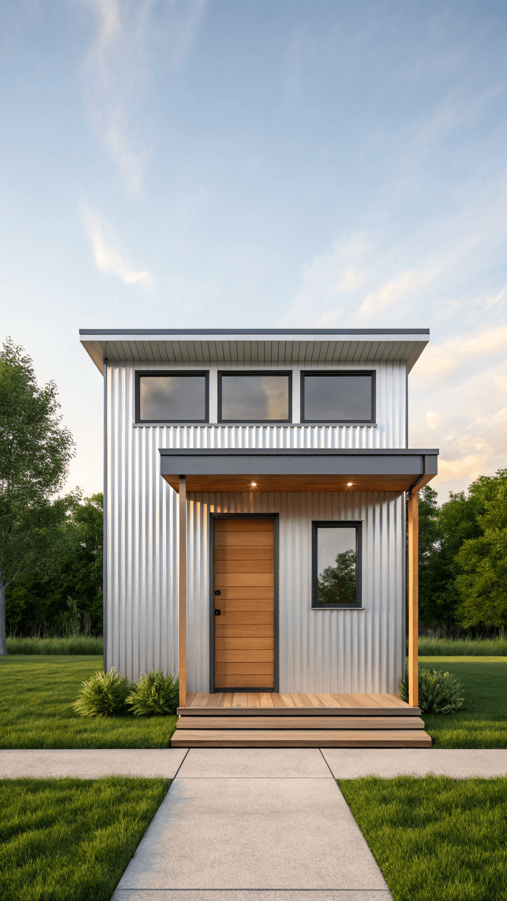 Sleek, Minimalist Exteriors Modernist tiny houses, feature clean lines, flat roofs, and a neutral color palette. Metal siding, Wood accents that bring warmth