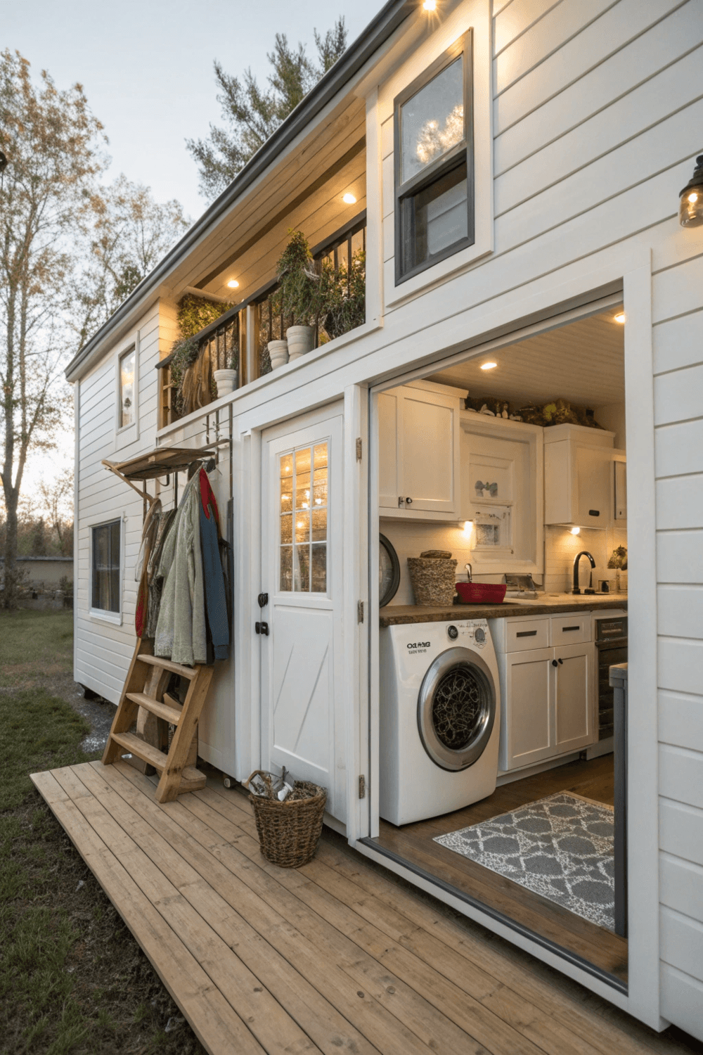 A cleverly tucked-away laundry nook under the tiny home