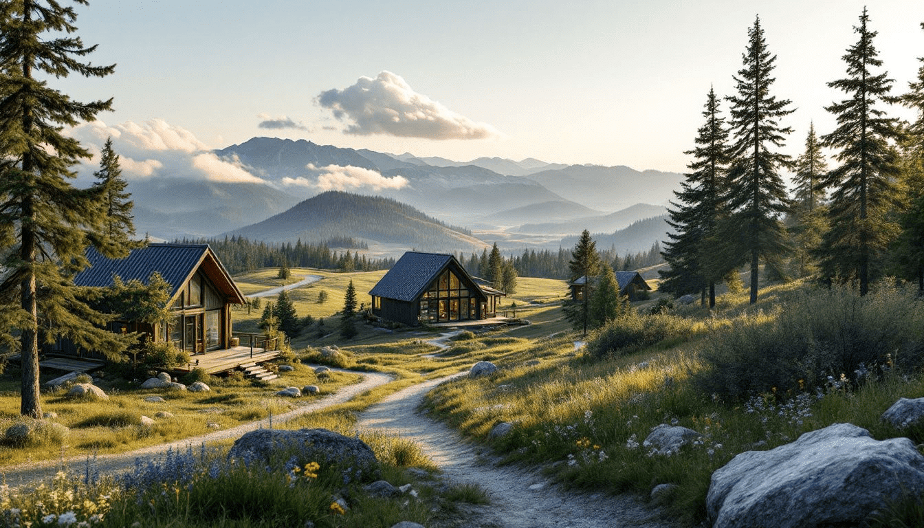 A scenic view of tiny homes in Idaho, showcasing their unique designs and surroundings.