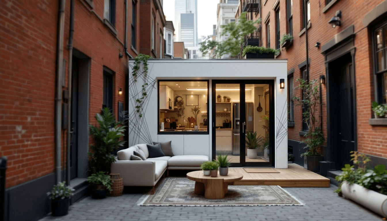 Challenges of tiny house living, depicting a tiny house in a complex urban environment.