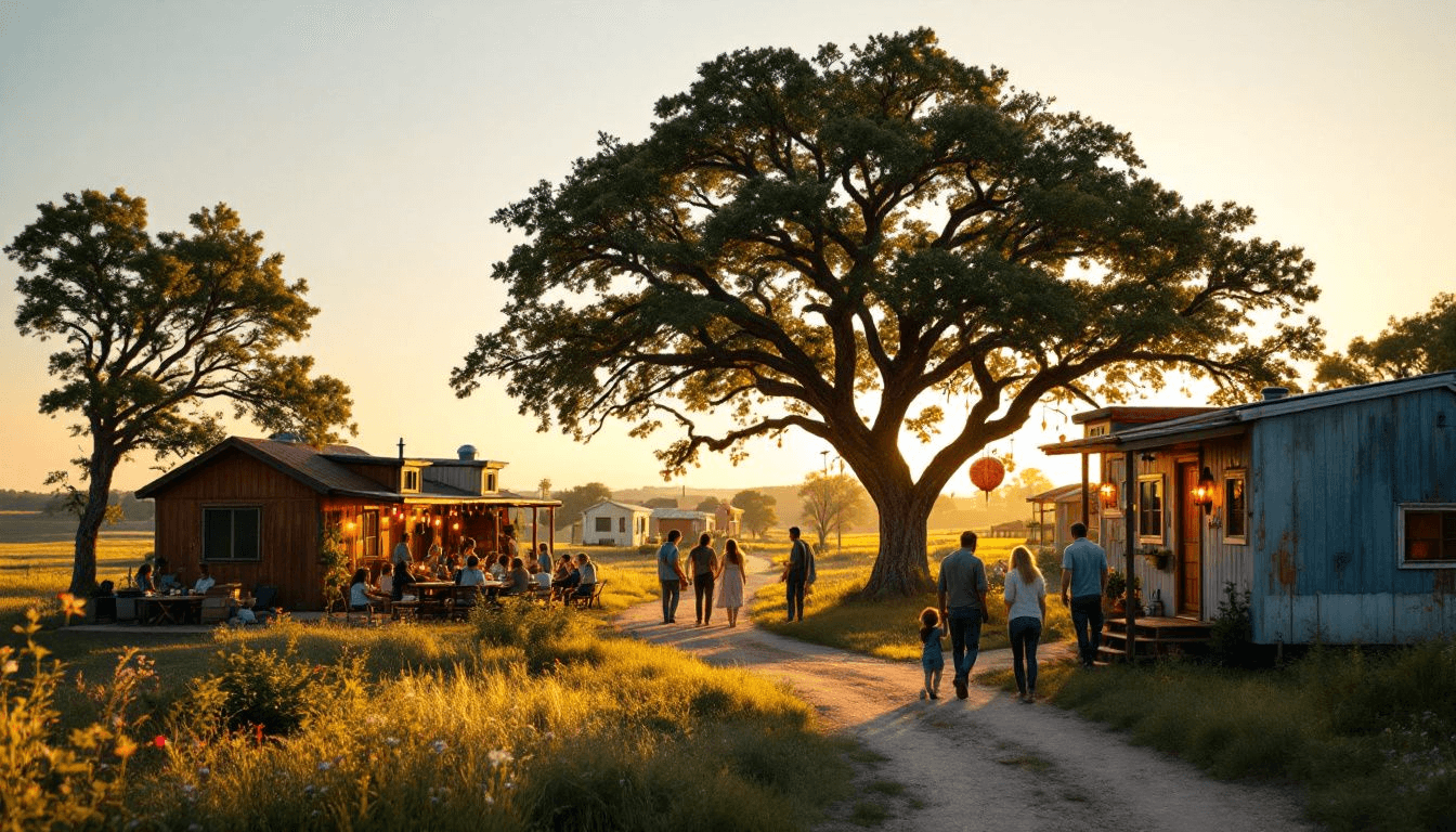A vibrant tiny home community in Texas, highlighting the sense of community and togetherness.