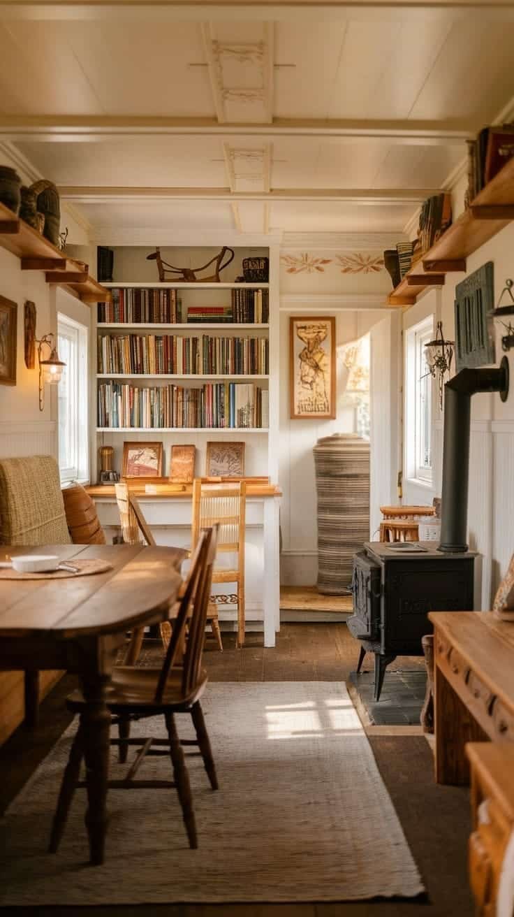 3d75cd22189b424da75460578f8d6739 Cozy interior of a colonial tiny house with wooden furniture bookshelves filled with books and a warm atmosphere