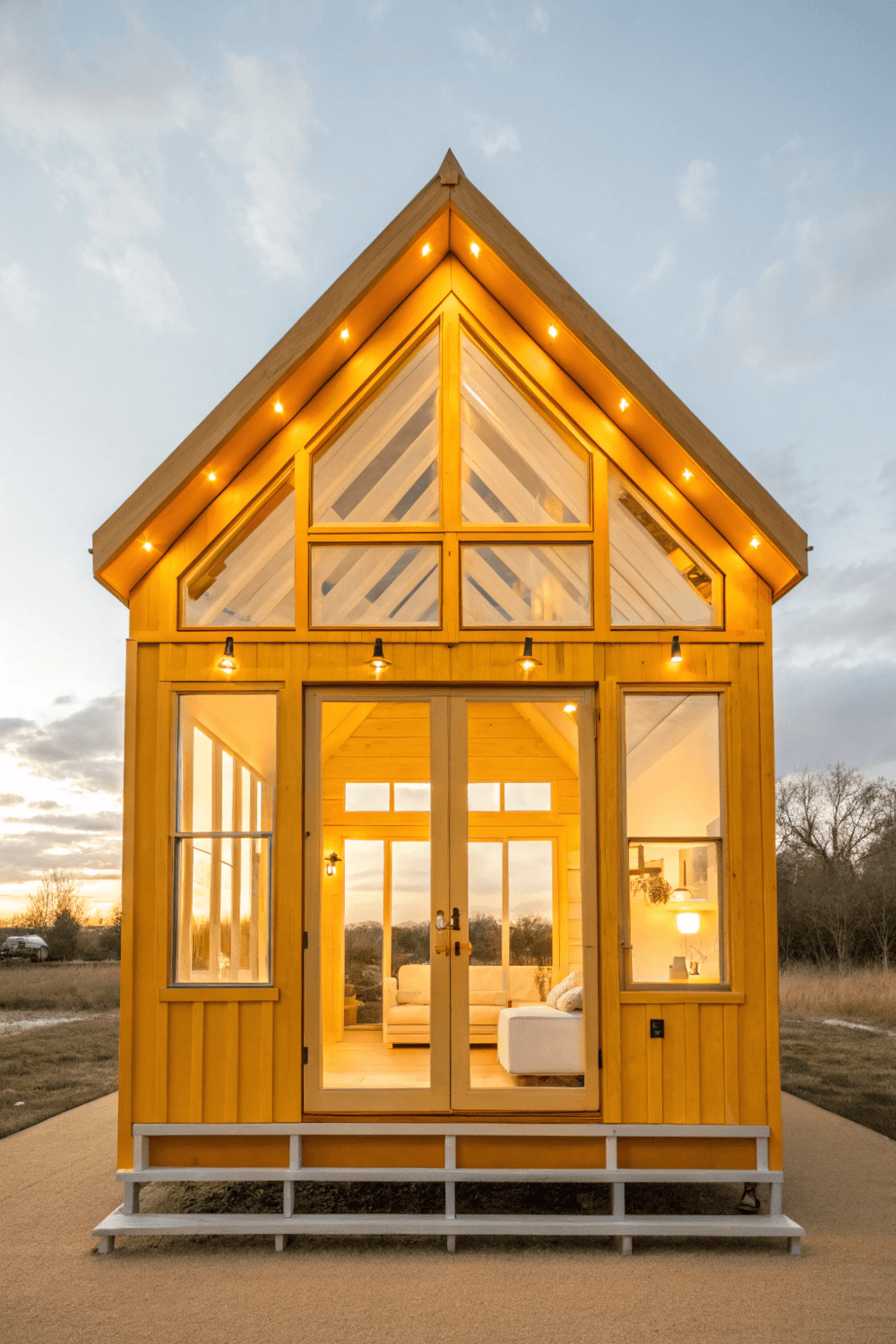 A Sunshine Shack tiny house with yellow exterior