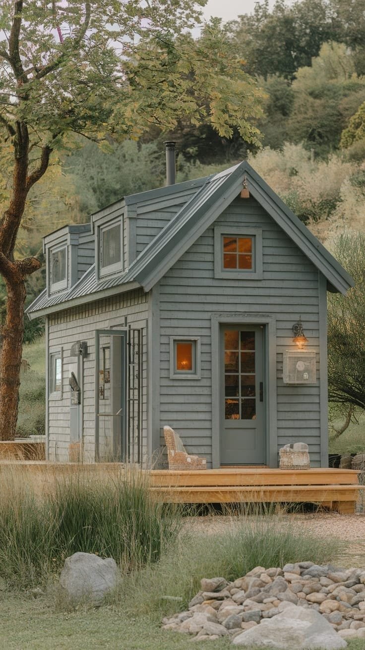 4464dfaa2ed242cf8db168cfbd76d3a6 A charming colonial tiny house surrounded by greenery and stones