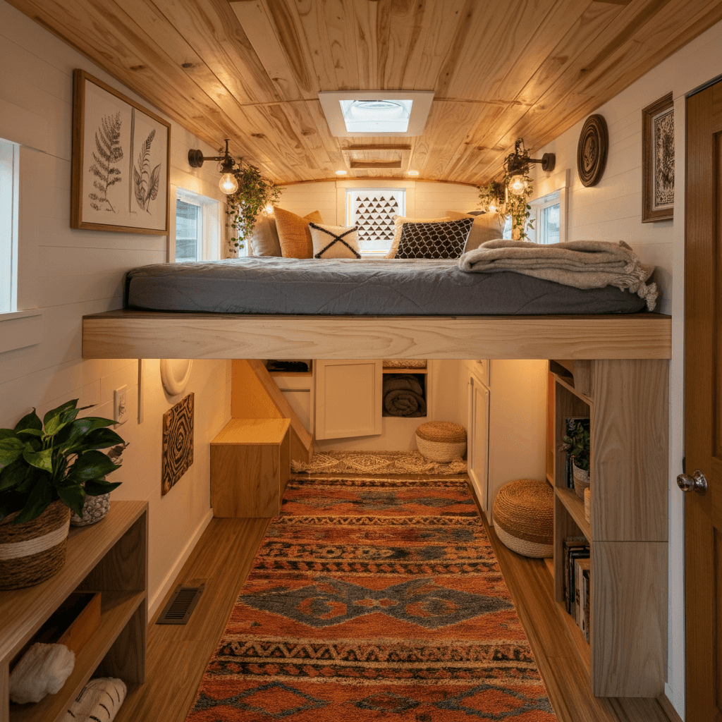 A low-profile bed, built-in cubbies, and small rugs make the space feel inviting. Plants and wall art complete the look, adding charm to this elevated sleeping area.