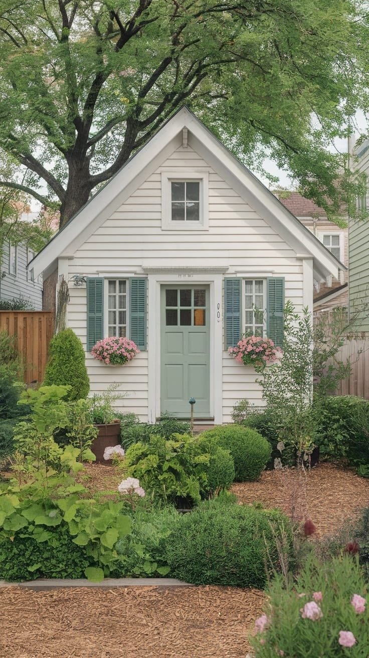 45c9461919bd4cb9982c05dd96d94e00 A charming colonial tiny house with a soft green door and dark blue shutters surrounded by a lush garden