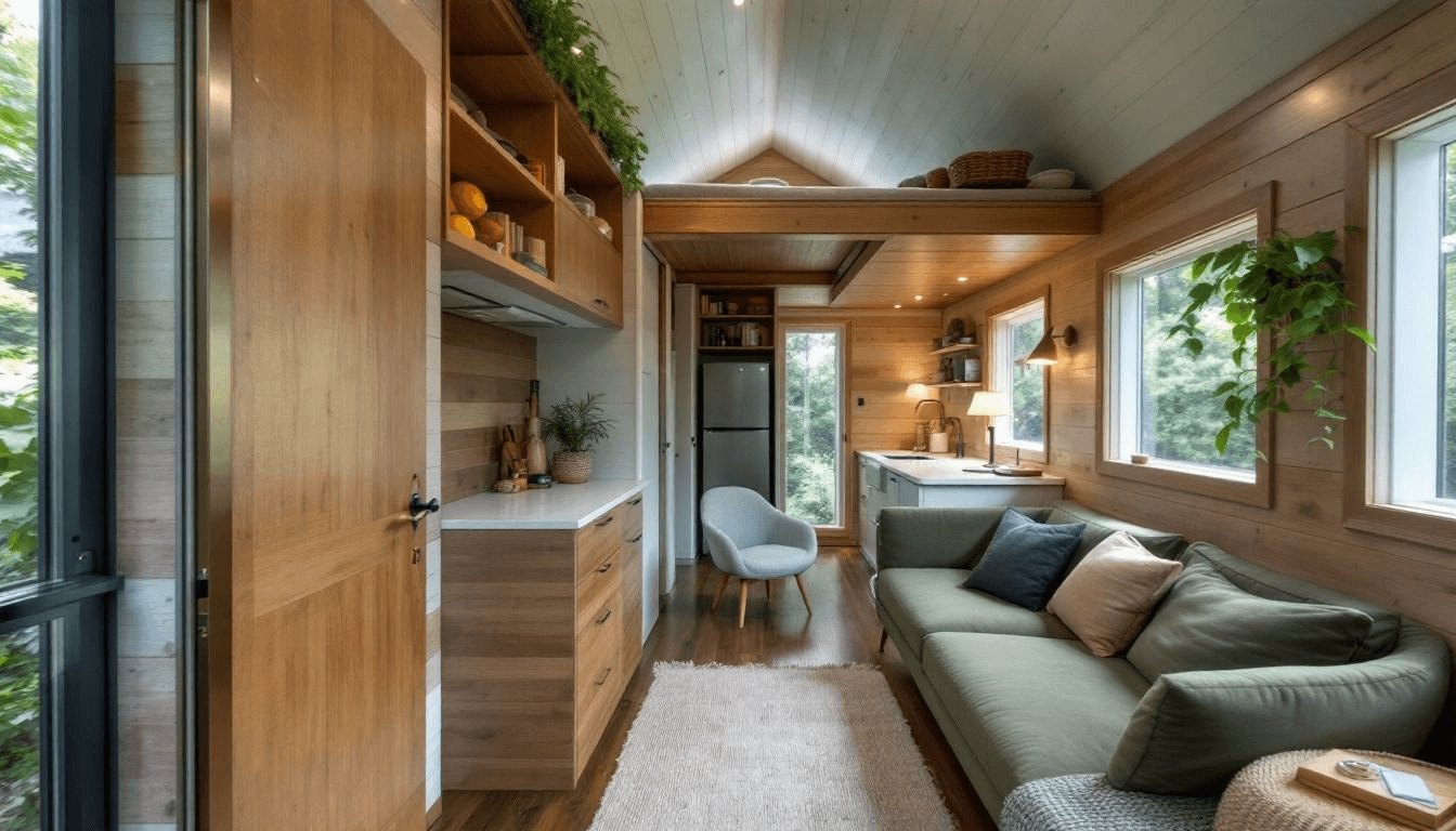 Interior layout of a tiny home, showcasing space-efficient design.