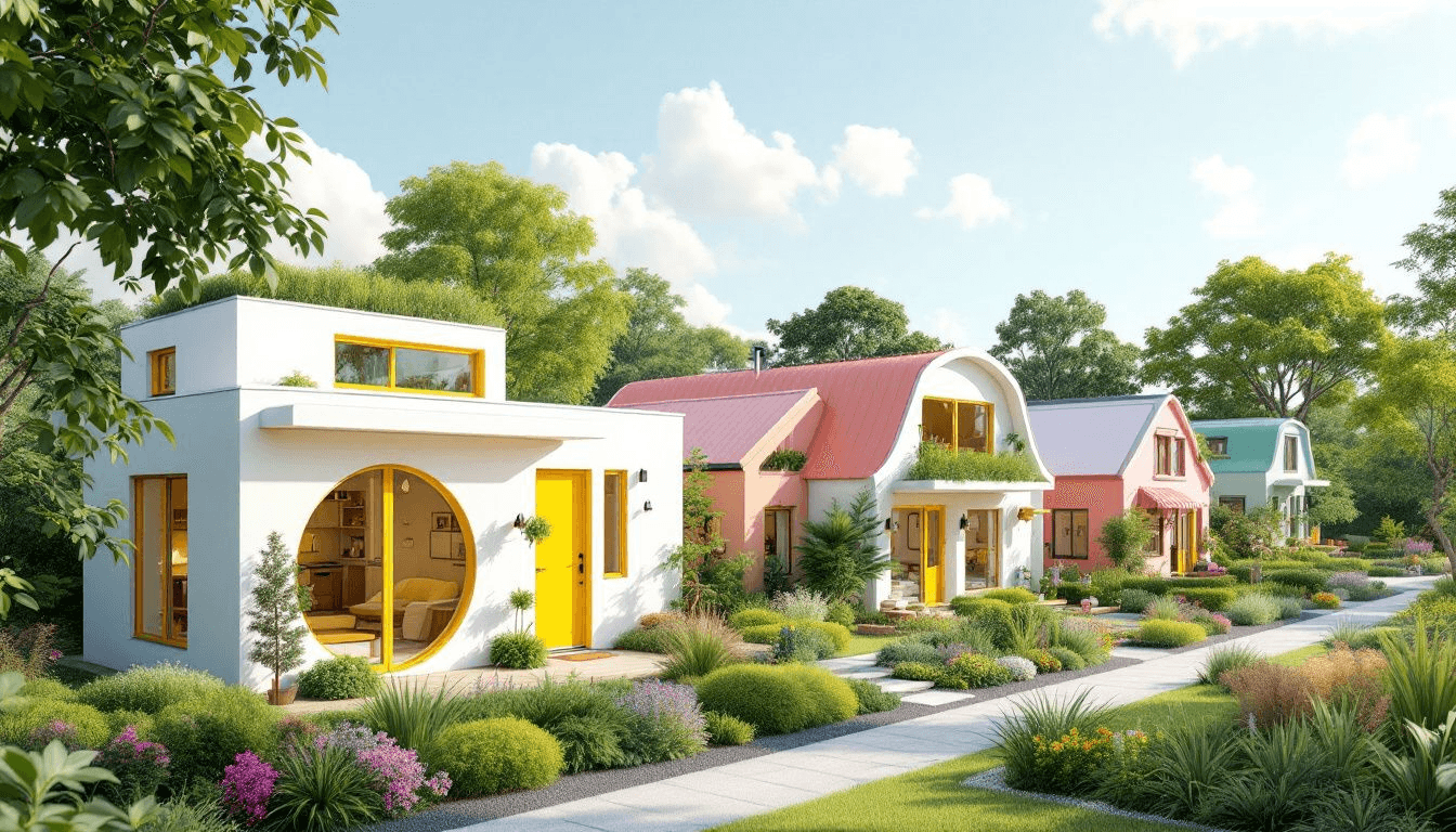 A vibrant tiny house community, showcasing various tiny homes and shared spaces.