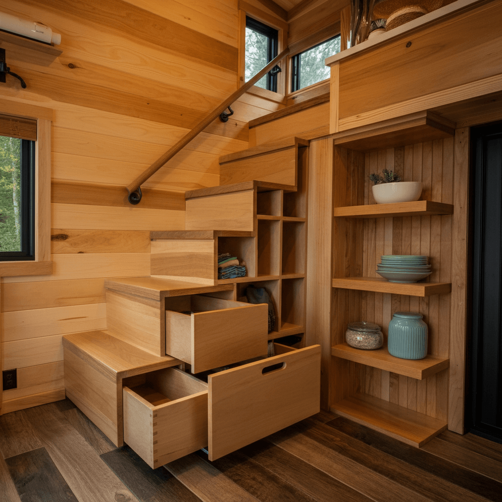 ach step doubles as a drawer, and built-in shelves line the side.
