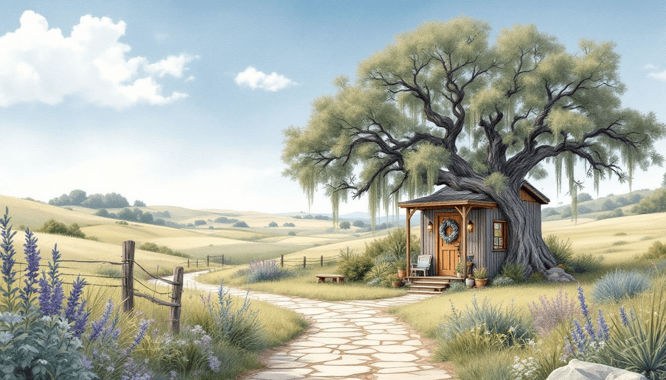 A serene setting depicting sustainable living in a tiny home surrounded by nature.