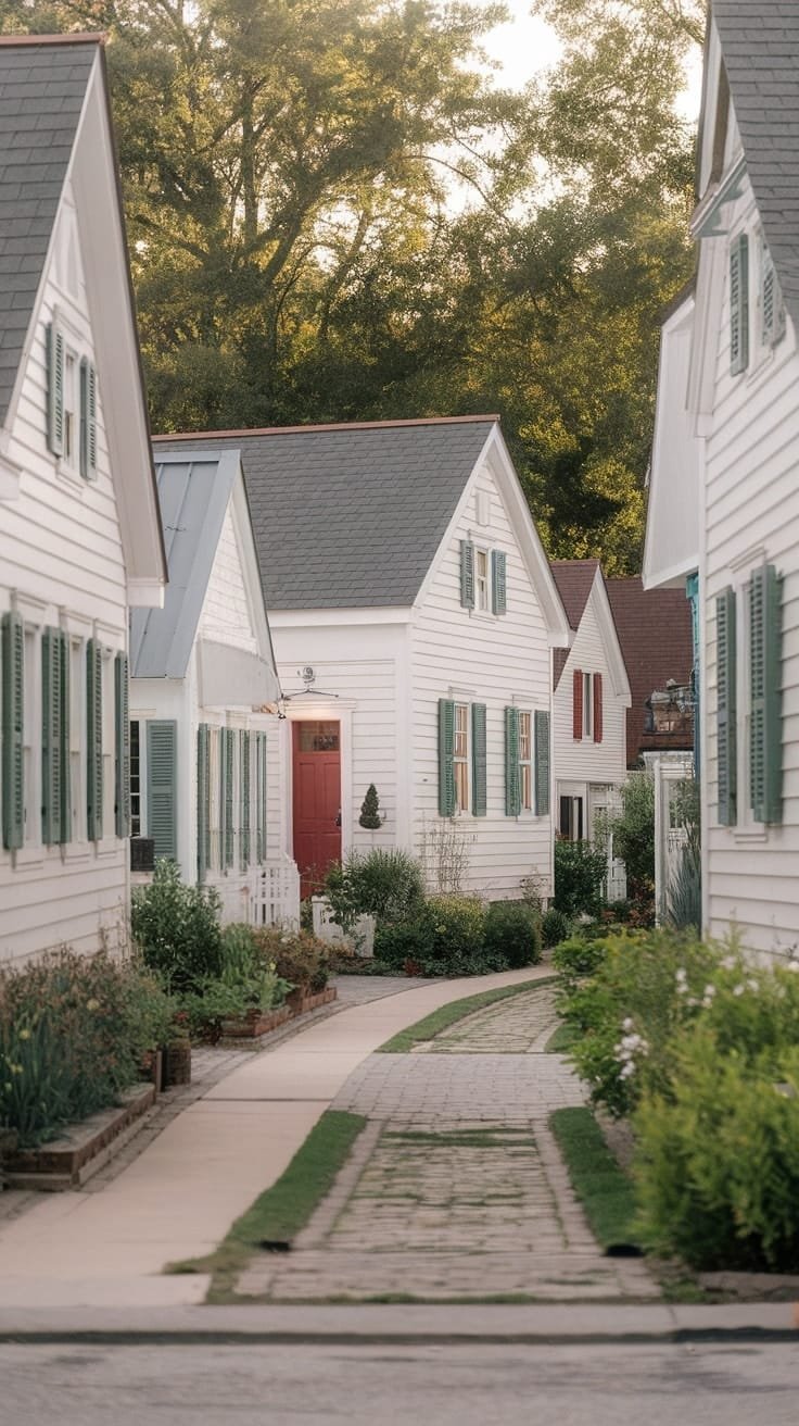 5e79f3df465c407aaa90c51425e8ad9a A picturesque row of colonial tiny houses with colorful doors and lush gardens along a winding path