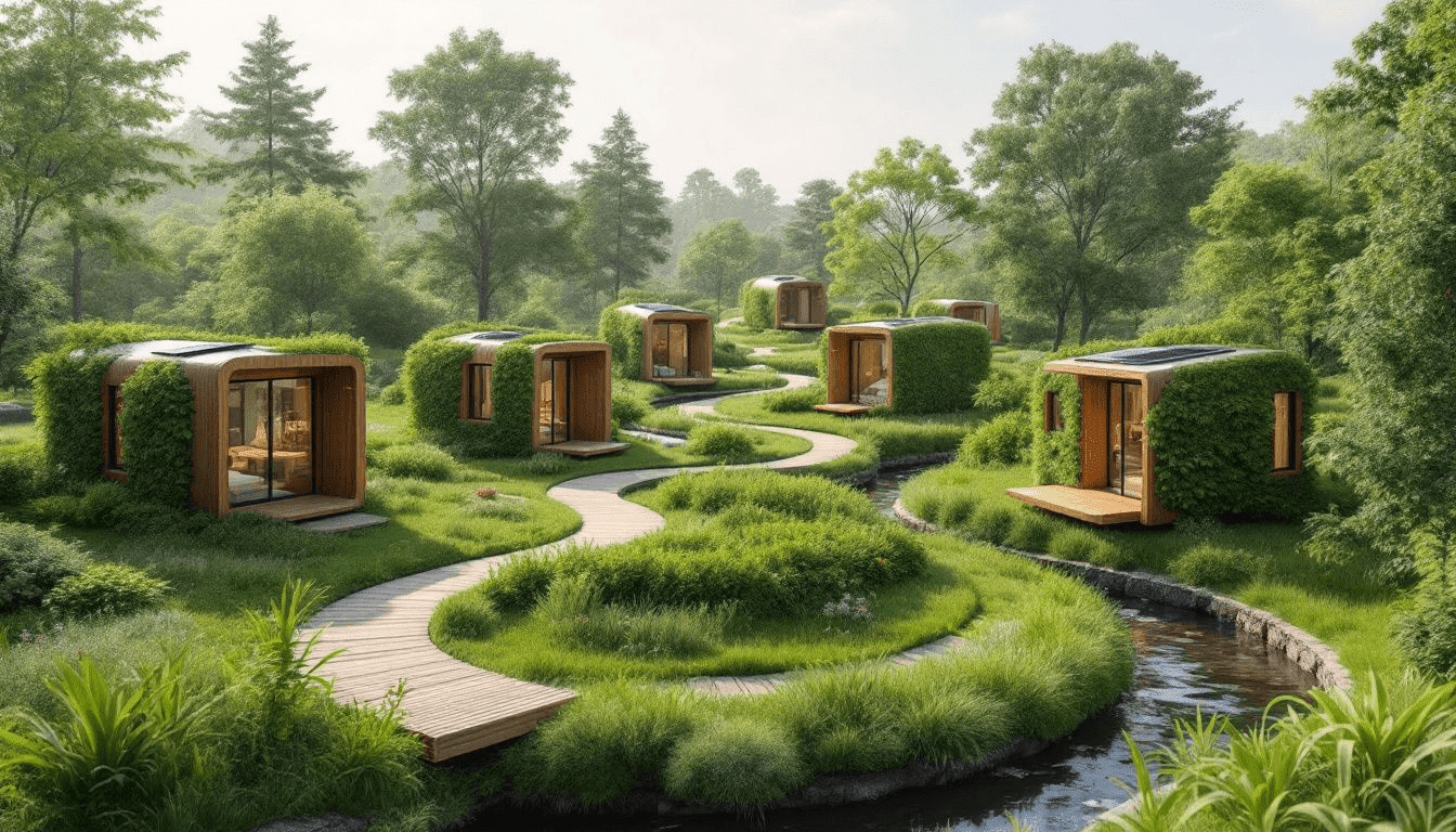 Eco-friendly tiny houses surrounded by nature, emphasizing sustainable living.