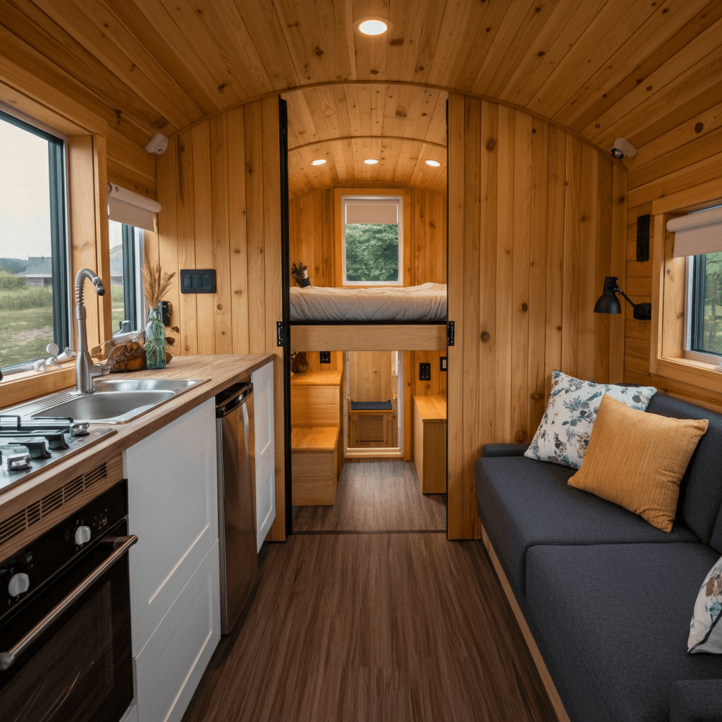 Open and efficient, this tiny house layout pulls everything together smoothly. The combined living, kitchen, and sleeping zones flow perfectly, with split-level floors and movable dividers adding definition. The thoughtful design makes small living feel effortless.