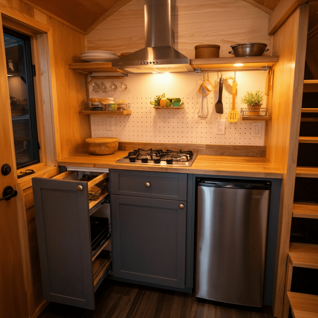 This tiny kitchen proves small doesn’t mean basic. Pull-out pantries, a mini stove, and a compact fridge keep it functional. Pegboards and easy-clean surfaces keep the design efficient and stylish, catering to all your cooking needs.