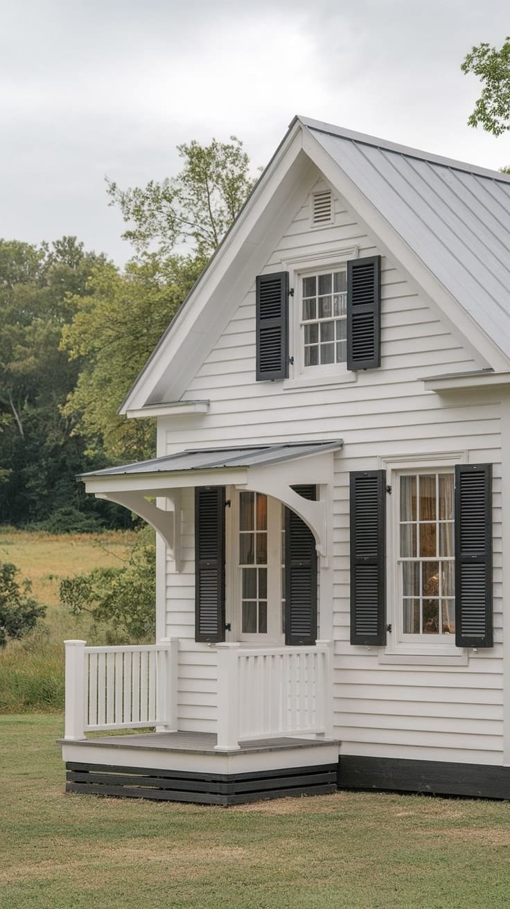 65a9d15cfcb84f26aef83d8009f70c15 A charming colonial tiny house with white siding black shutters and a small porch