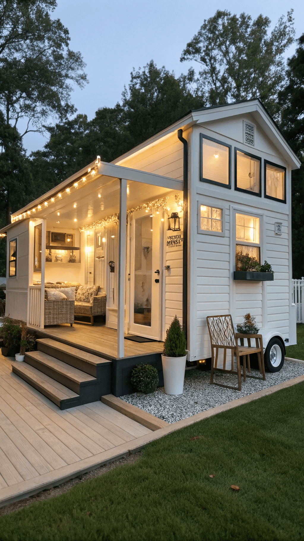 mini mansion mobile home in white with fairy lights.