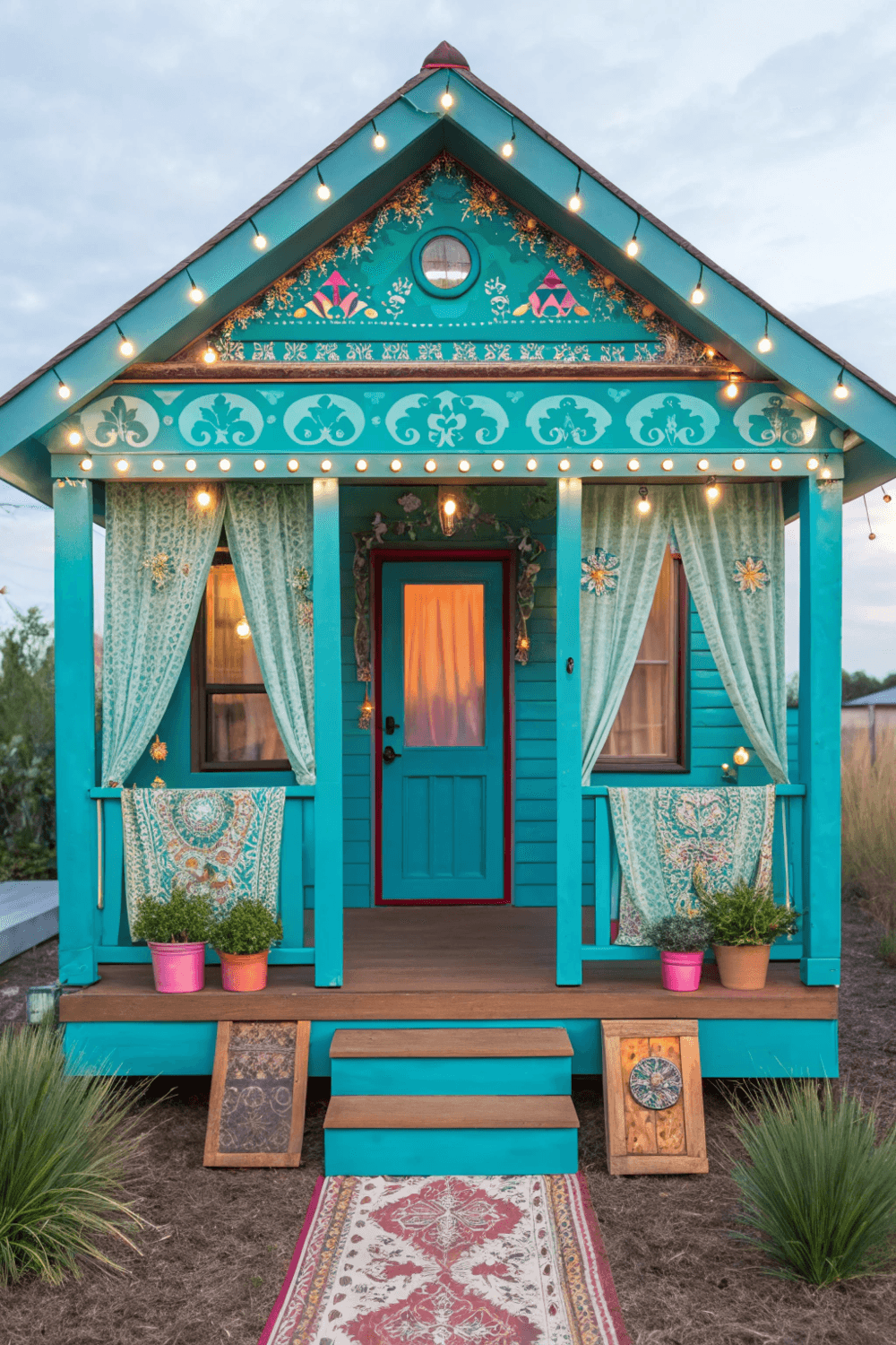 Boho Blue Bungalow with lights and plant pots
