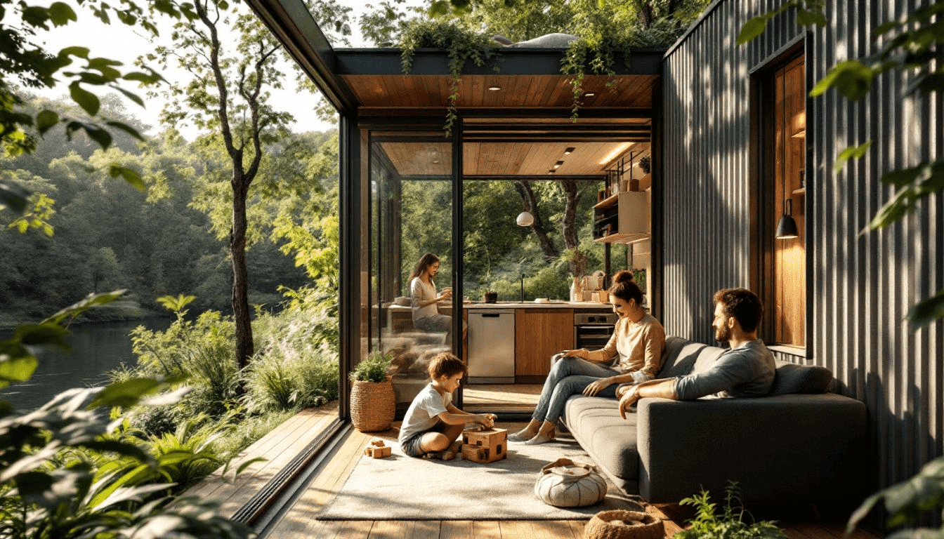 Benefits of tiny house living, illustrating a happy family enjoying their tiny home.