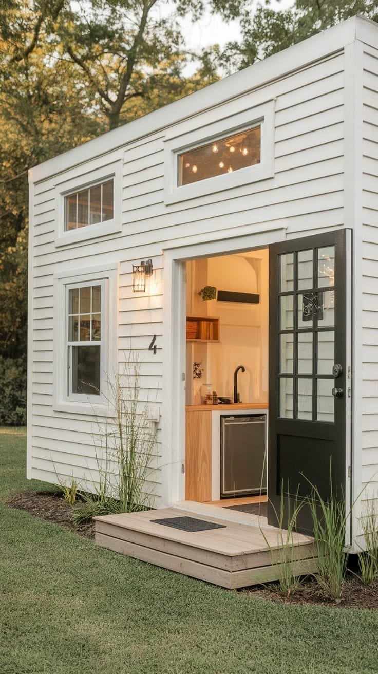 7cb1847bd6d742d4b3aafe9ae6a24c92 A colonial tiny house featuring white siding and modern kitchen amenities