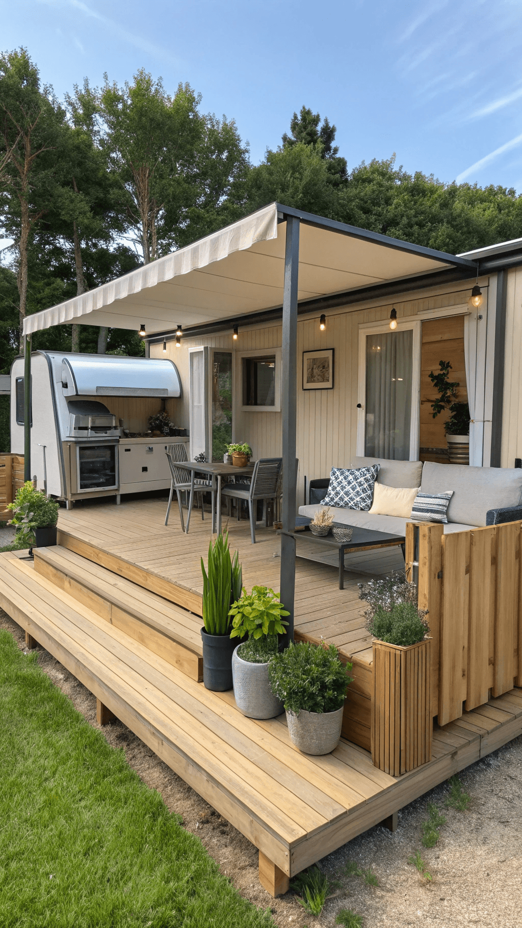 Outdoor living space with plant pots, sofa