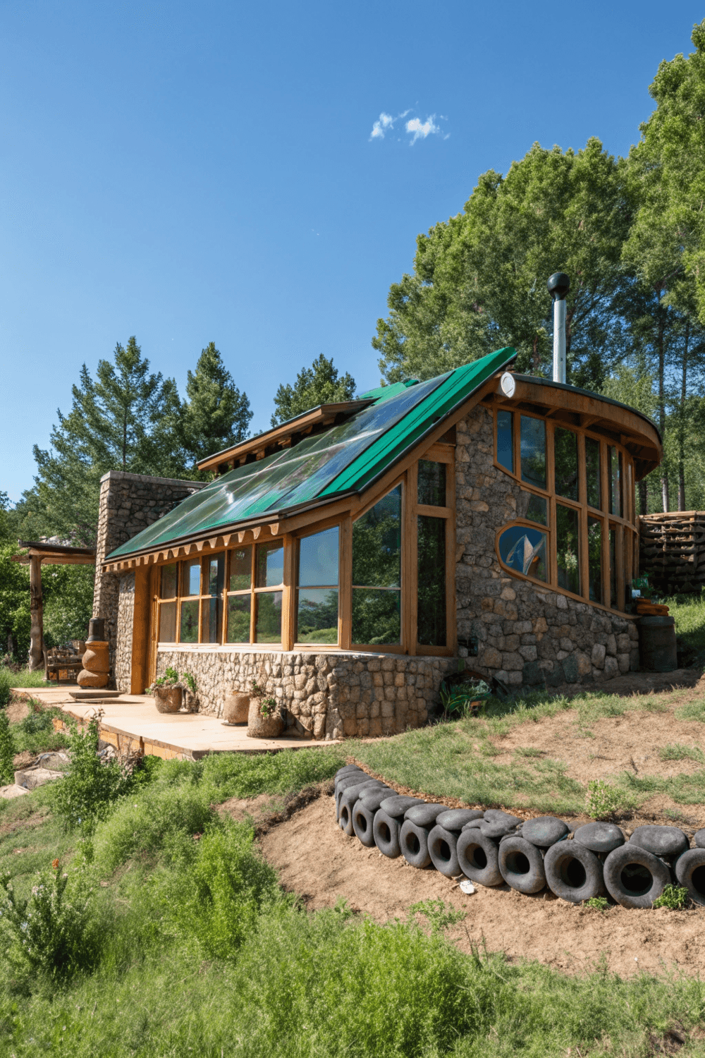 A cozy earthship tiny home sits peacefully in a lush natural setting under a bright blue sky. Built with recycled tires and bottles, it features a vibrant green roof and large south-facing windows that maximize sunlight and energy efficiency. The design is a seamless blend of modern sustainability and rustic charm, showcasing harmony with the surrounding environment.