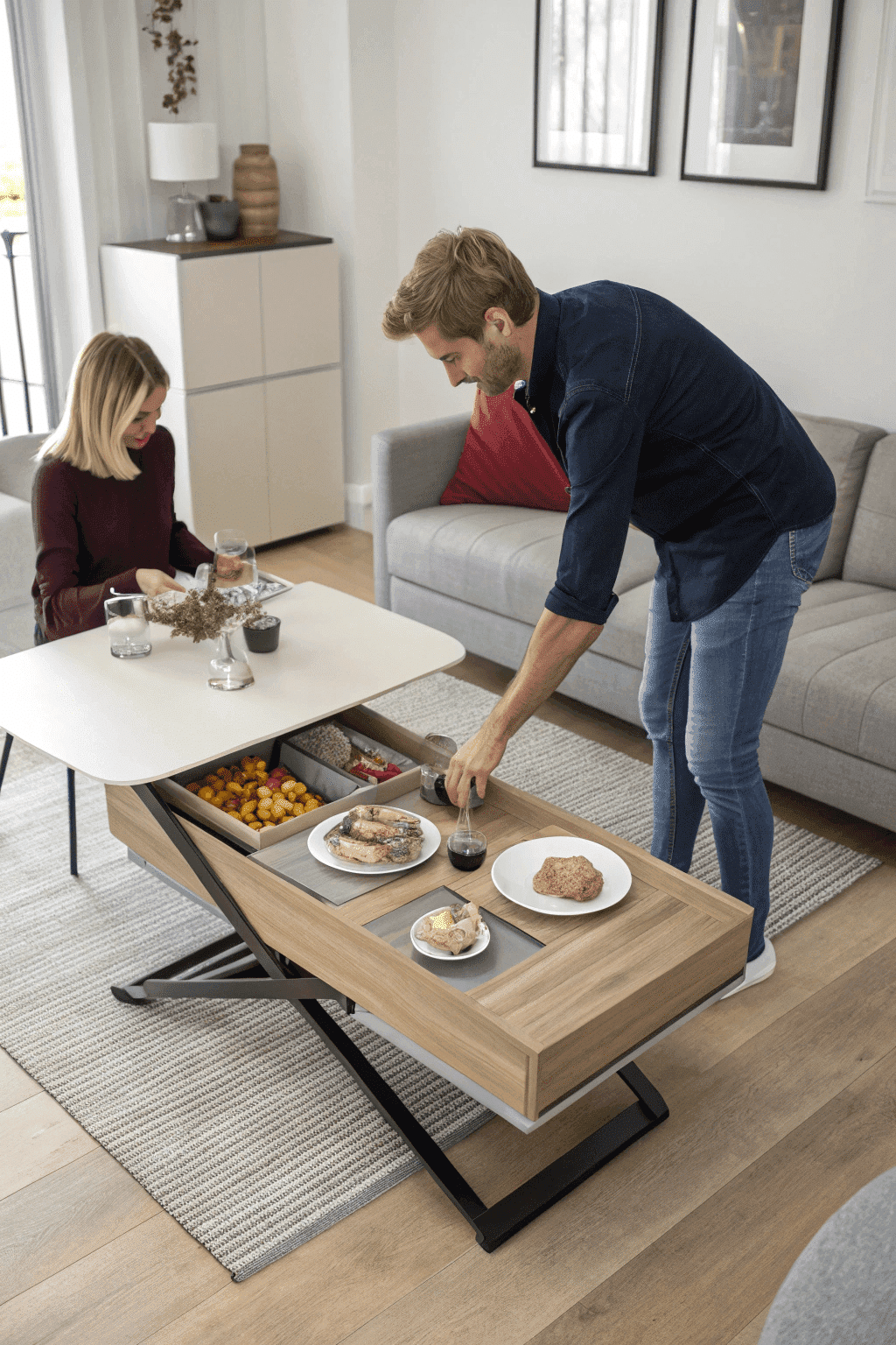 8f42cacb32d74011853ab768e44e8e29 A photo of a modern living room scene with a focus on a man serving food at a unique multi tiered wooden table to a woman The table is designed with compartments containing various food items The room has a contemporary design featuring a neutral color palette framed artworks on the wall a comfortable seating area with a plush gray sofa and a simple textured area rug The image is a photo with natural lighting coming from a well lit room