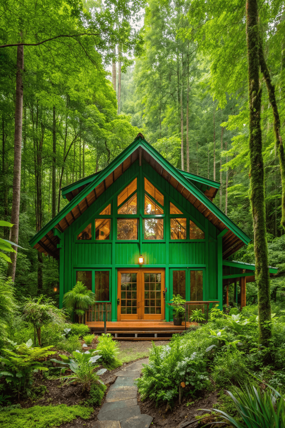A Greenhouse type colorful tiny house in a forest