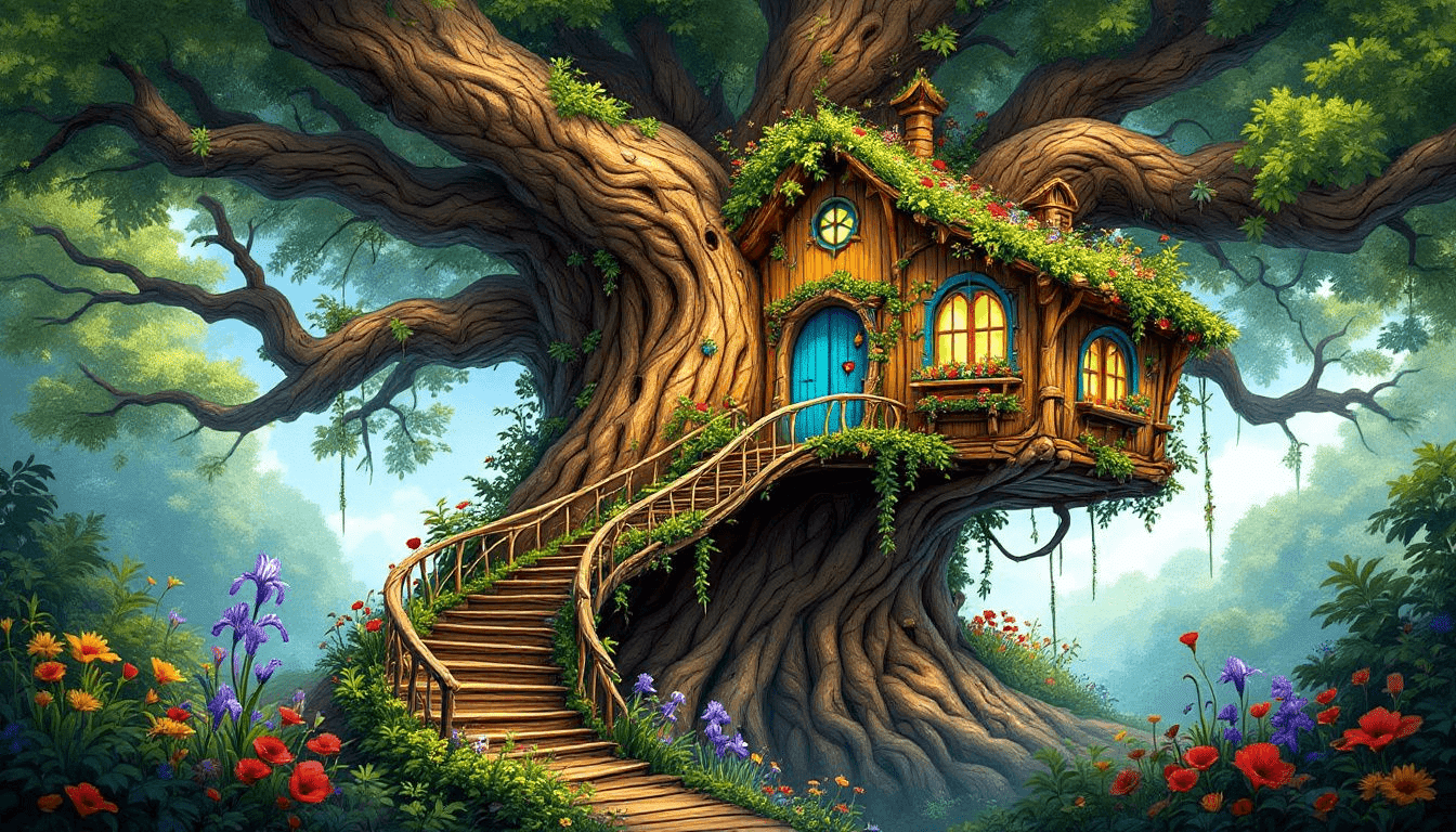 A whimsical treehouse built among the branches of a large tree.