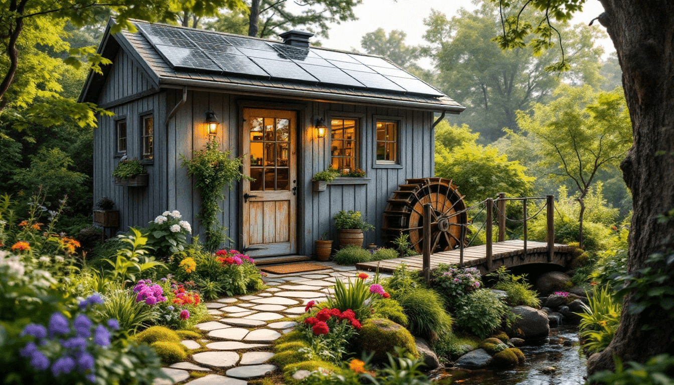 A garden surrounding an off grid tiny home, emphasizing sustainable living.