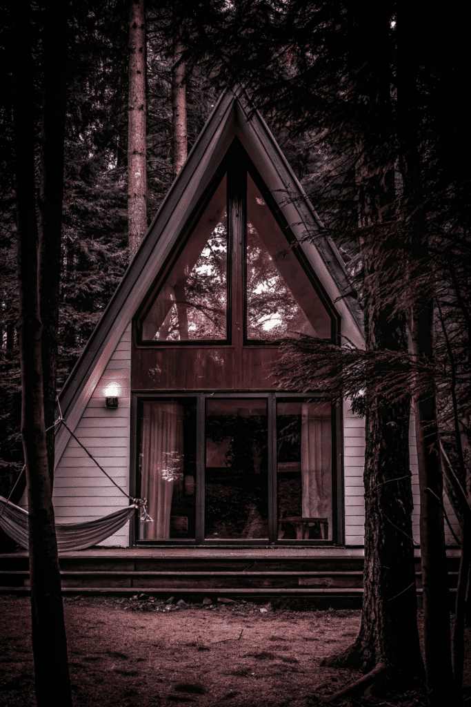 A frame abode A triangular tiny house painted bright white with contrasting dark wood trims Large glass windows extend from the roof to the base framing a cozy looking living room The surrounding landscape features a forested area with a hammock swaying between two trees