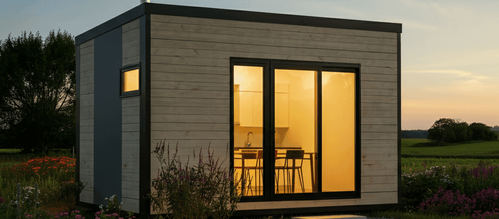 A tiny prefab house with lights on and table in the house