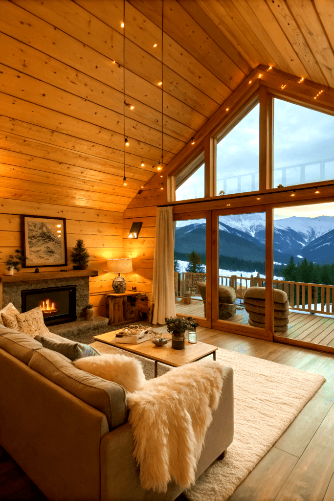 Banff log cabin log cabin with a big window showing mountains