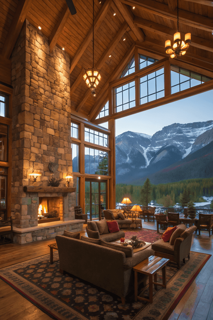 Inside, the lodge is illuminated by soft, ambient lighting that highlights the rich textures of the wood and stone. The interior is decorated in warm, inviting colors, with plush seating and a <a href='https://exploretinyhouse.com/off-grid-tiny-house/'>large stone fireplace creating a cozy gathering space</a>. Expansive windows provide breathtaking views of the surrounding mountains, seamlessly blending the indoor and outdoor environments.” class=”wp-image-670″/></figure><h3 class=