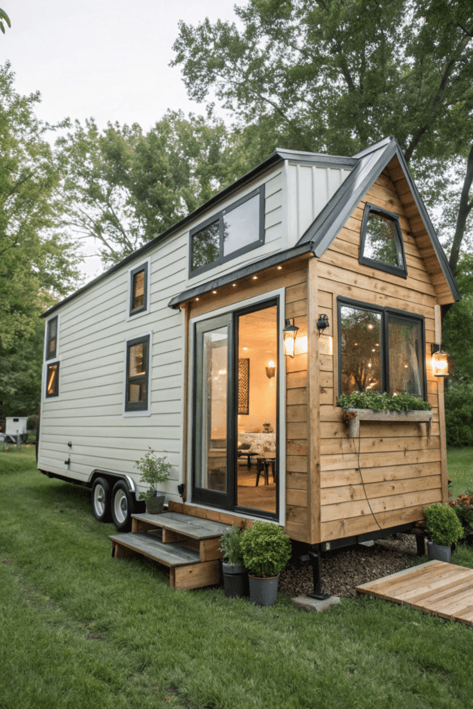 A photo of a unique, small house in a wooded area. The house is constructed from a trailer base, with a rustic wooden finish and multiple windows. The house is surrounded by a mix of potted plants and a grassy lawn. The lighting from within the house is visible through the large window and smaller windows. The photo captures the <a href='https://exploretinyhouse.com/tiny-house-nature/'>house in a natural,</a> outdoor setting, with the surrounding trees providing a lush, green backdrop. The lighting suggests it is during the day with soft, diffused light.” class=”wp-image-1044″/></figure><p>Finding the right spot is key.</p><p>Not everywhere welcomes <a href=