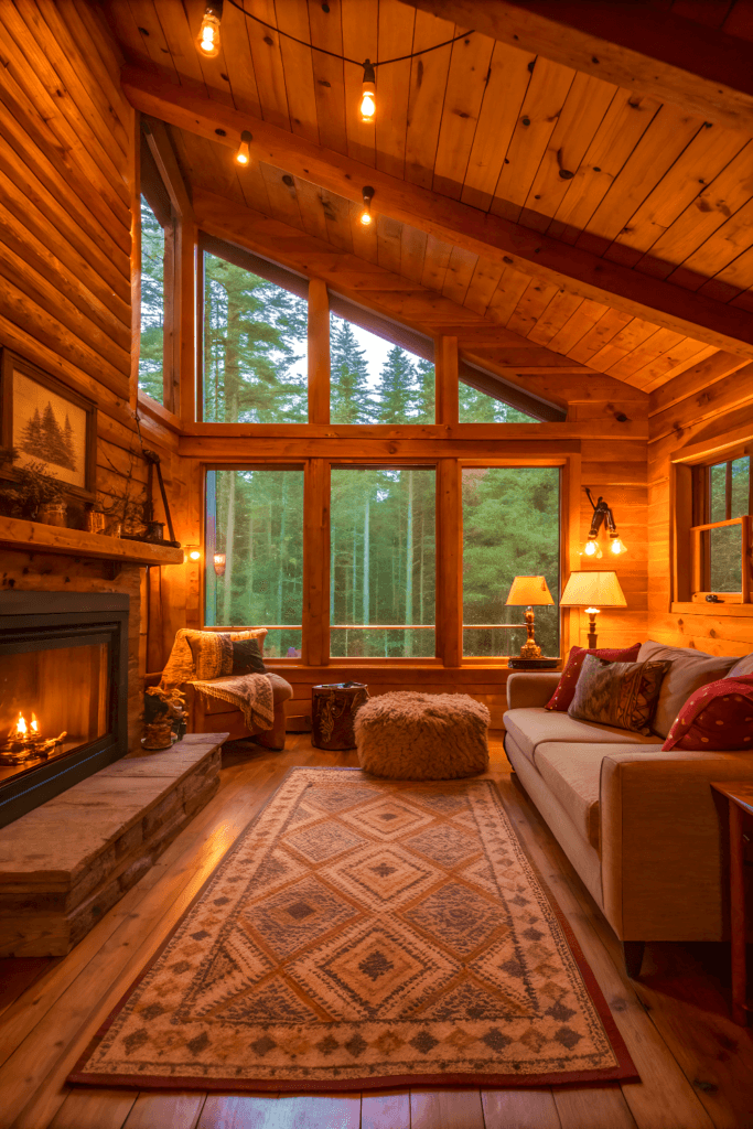 Cabin creek inn cabin that has carpet plush pillows on a cream sofa