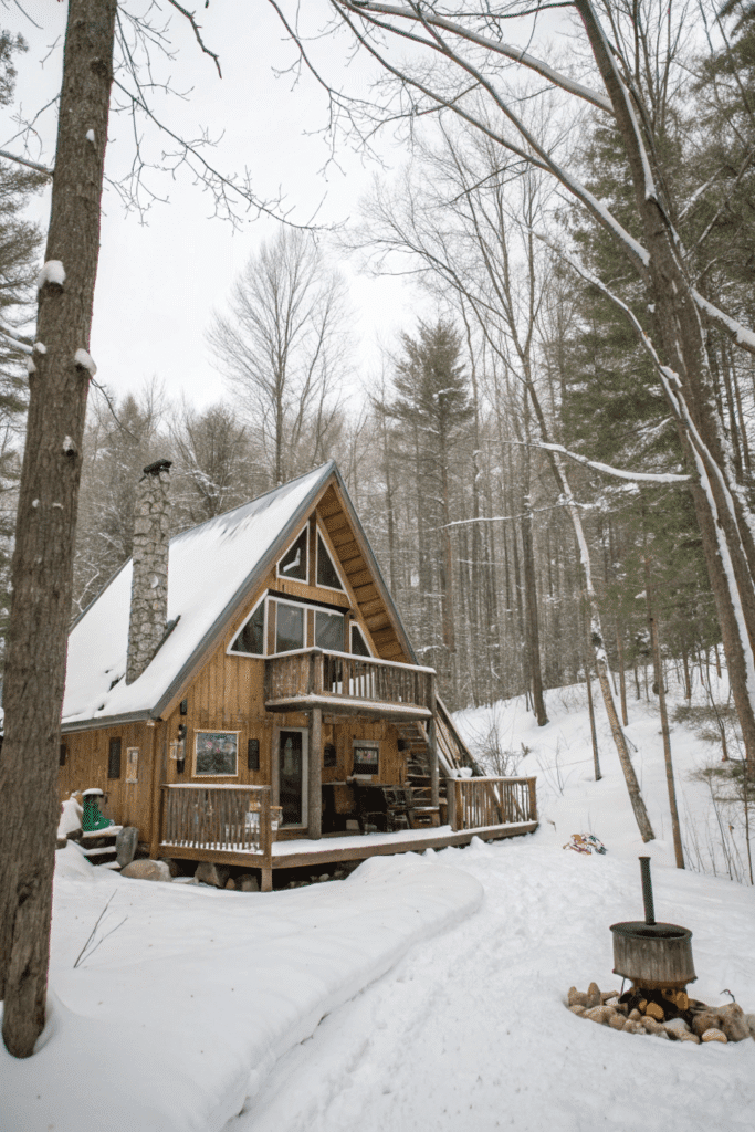 Chalet edelweiss cabin The Chalet Edelweiss cabin is nestled in Vermont near the Sugarbush Resort It features a traditional A frame design with a cozy rustic charm The cabin is surrounded by snowy woods offering a picturesque winter escape It includes a traditional wood burning stove and a peaceful deck making it perfect for enjoying the serene snowy landscape The overall vibe is cozy and inviting ideal for a winter getaway