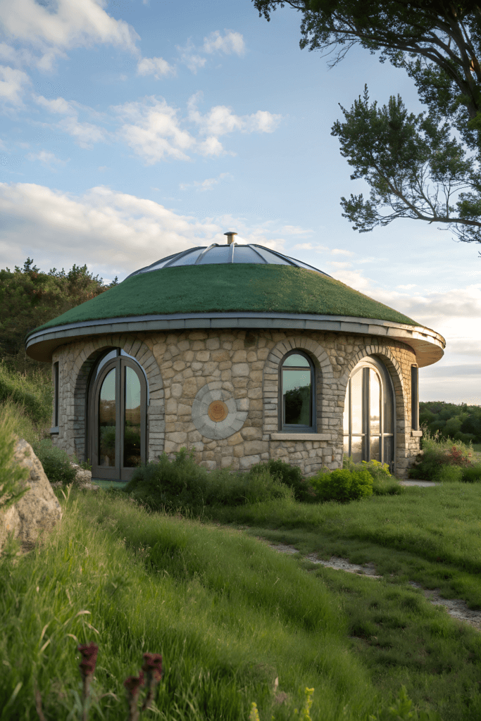 Circular stone home A perfectly round stone home with a modern green roof. The circular design is sleek yet earthy, surrounded by lush grass and shrubs. Curved windows and doors.