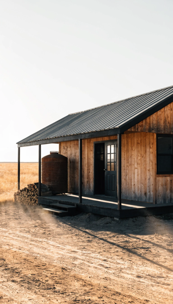 Compact ranch style tiny house Wooden cabin with a metal roof on a dry open prairie a large water tank and stacked firewood on the porch nearby