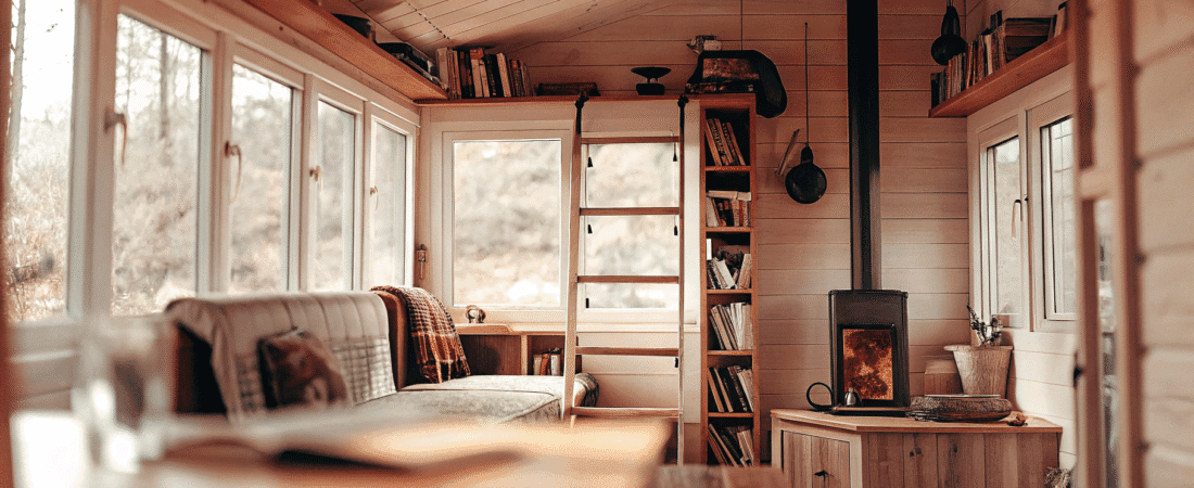 A photo of a cozy rustic tiny house cabin with a warm inviting atmosphere The cabin features a mix of natural wood tones a variety of wood furniture pieces and a sense of depth created by the play of light and shadow