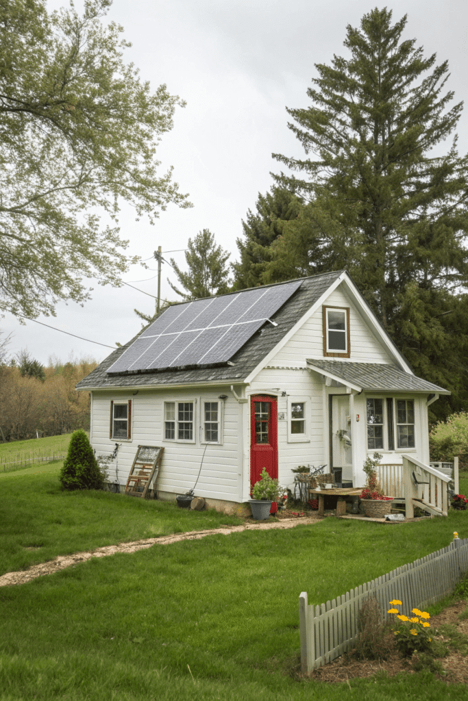 Lower energy costs A photo of a quaint rural scene featuring a single story cottage style house with a gabled roof and a white exterior The house is adorned with a solar panel array on the roof and a vibrant red door The property is surrounded by a well manicured lawn a simple wooden fence and a variety of plants including potted plants and a collection of flowers The background is filled with a mix of greenery and a gentle overcast sky The overall atmosphere is peaceful and serene