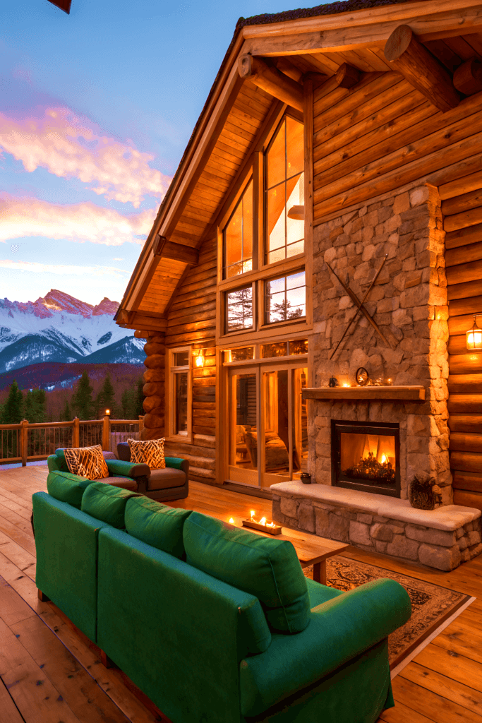Morning star lodge cozy cabin with green sofa and stone fireplace