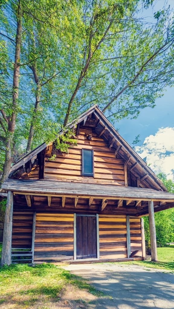 Natural materials A small wooden house surrounded by trees featuring a minimalist design and natural materials