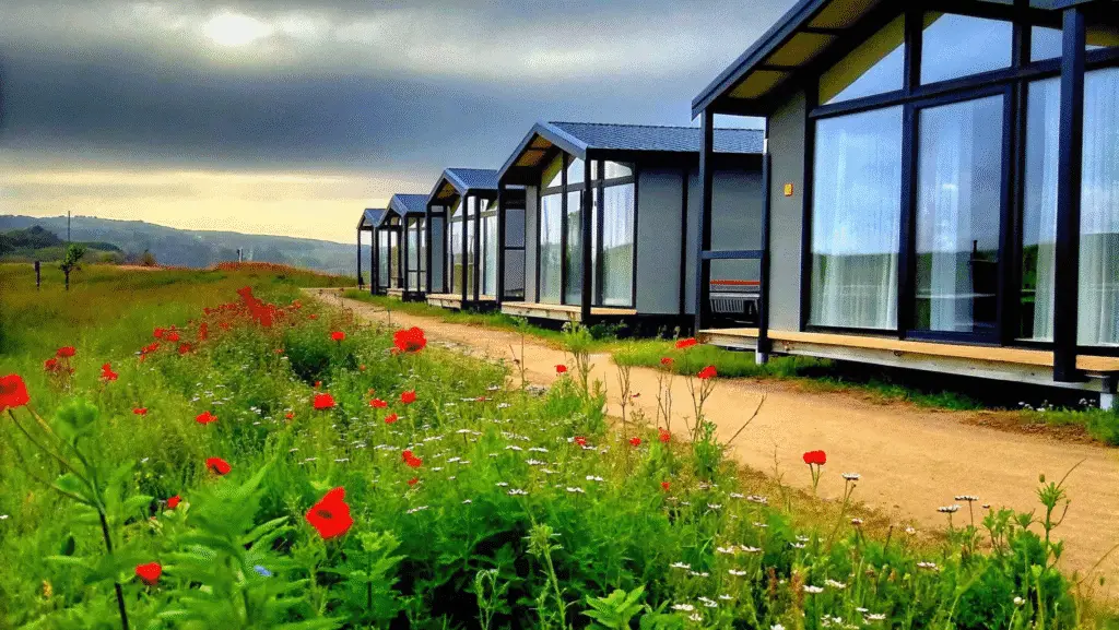 Prefab small homes in a scenic environment.